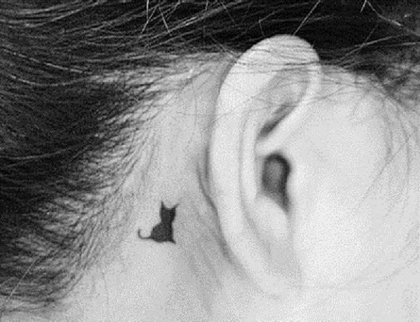 Small Tattoos small cat tattoo behind ear