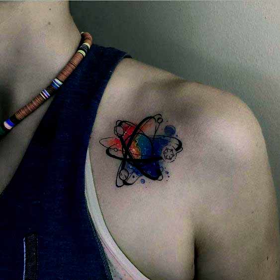 Beautiful atom tattoo design on shoulder for men Beautiful atom tattoo design on shoulder for men