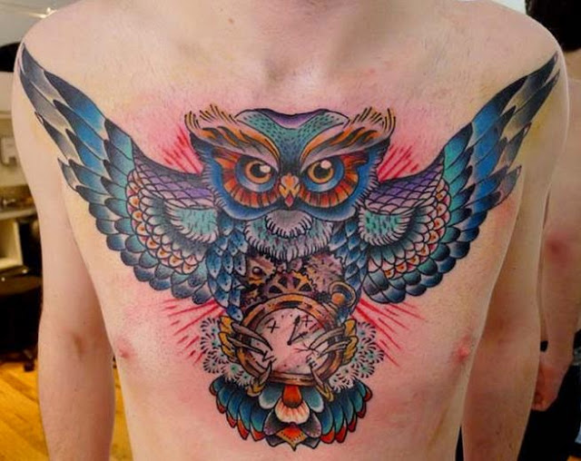 cool blue owl chest tattoos for men
