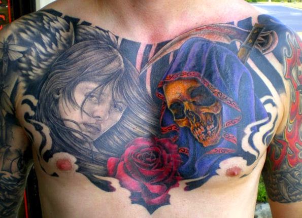 Chest pieces and rose Tattoos for men