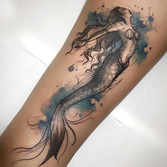 Watercolor splash mermaid tattoos for men and women