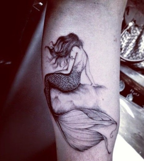 black and white Mermaid Tattoos on arm
