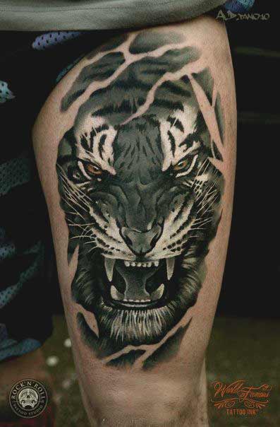 Angry tiger tattoo on thigh ideas for girls