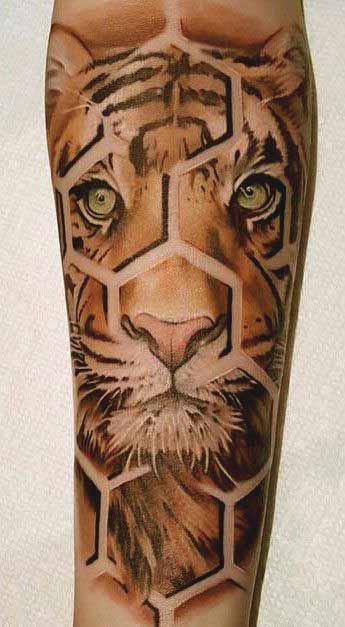 Geometrical tiger face tattoo on leg ideas for men