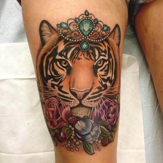 Tiger face tattoo designs on thigh ideas for girls