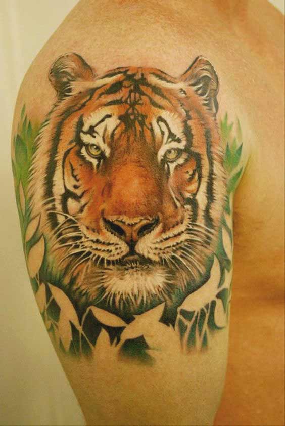Tiger face tattoo design on shoulder for boys