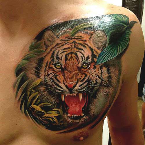 3d realistic tiger face tattoo on chest for men