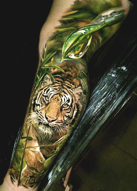 3D realistic tiger with Water drop tattoo on leg for men and women