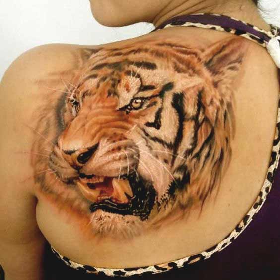 3D tiger face tattoo on back for girls width=