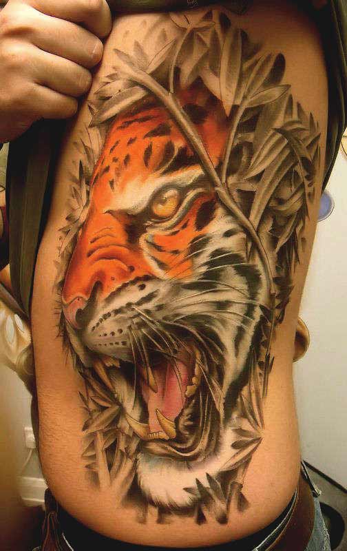 3D tiger face tattoo on ribs ideas for boys