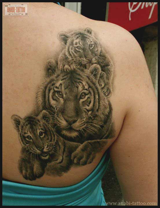 Tiger with cub tattoo design on back ideas for men and women