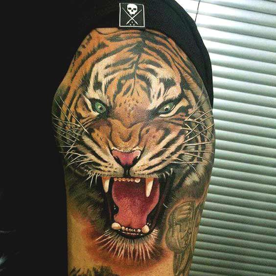 Roaring tiger face tattoo for shoulder designs for guys