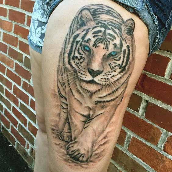 White tiger with blue eyes tattoo on thigh ideas for girls