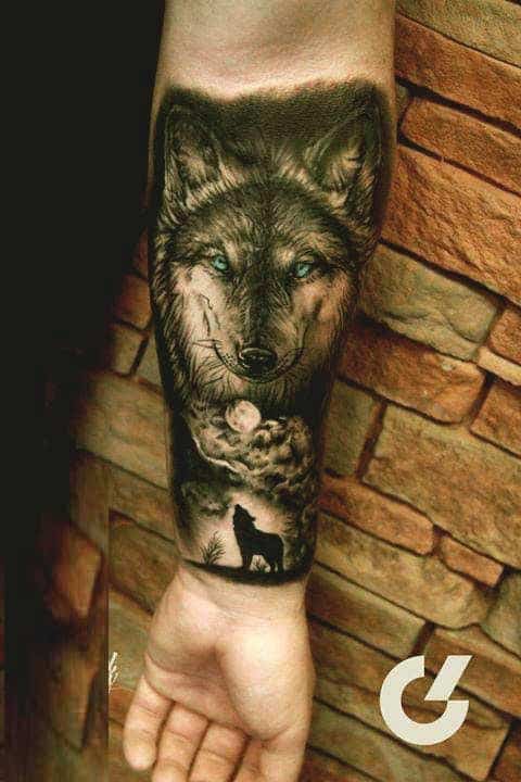 Wolf and moon inner forearm tattoos