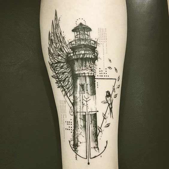 Lighthouse and wings inner forearm tattoo