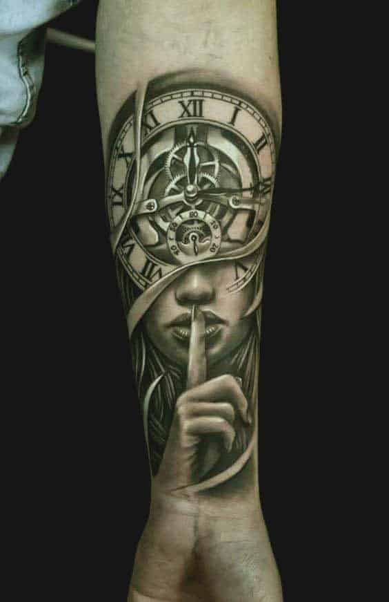 Clock and girl face tattoo for forearms
