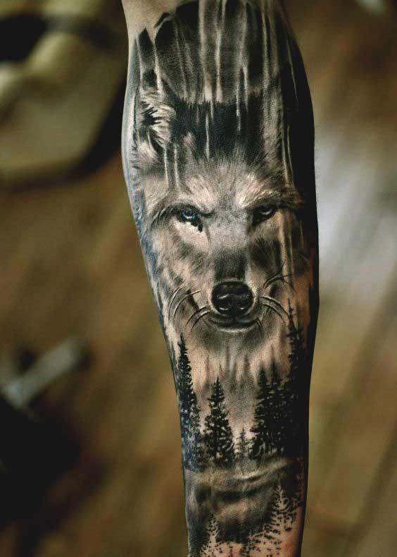 Wolf and tree inner forearm tattoos