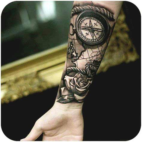 Compass and rose forearm outer tattoo designs