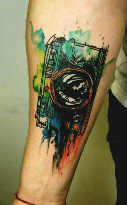 Watercolor camera tattoo design for forearms tattoos