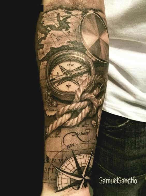 Cool compass forearm tattoo for men