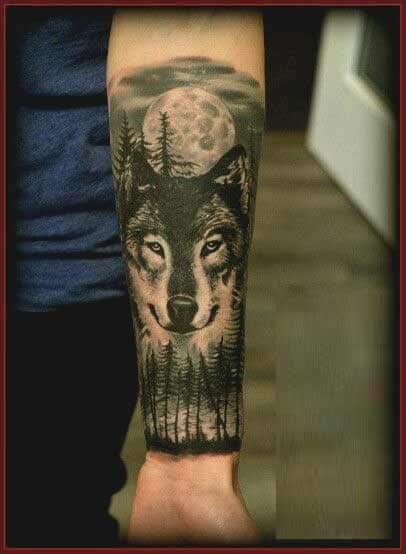 Cool Forrest and wolf head tattoo designs for forearms