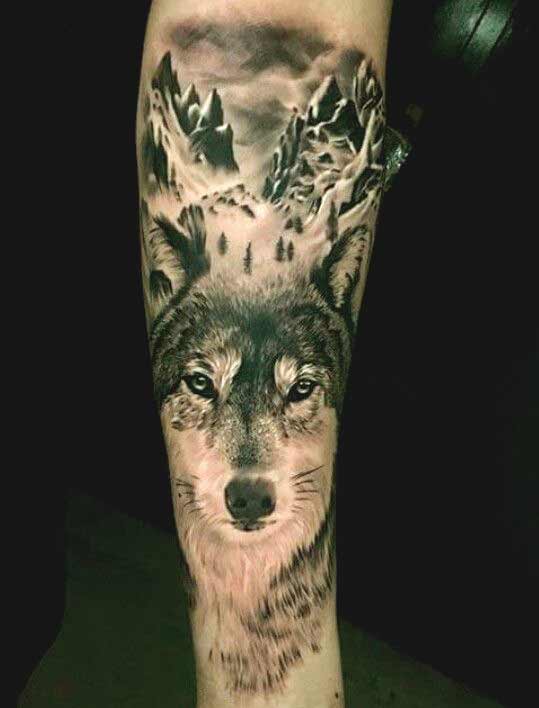 Wolf with mountain tattoo design for forearms