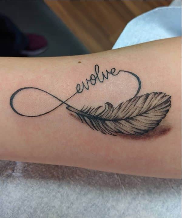 infinity feather tattoos with word