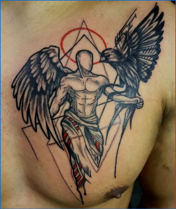 creative angel tattoo with bird sitting on hands