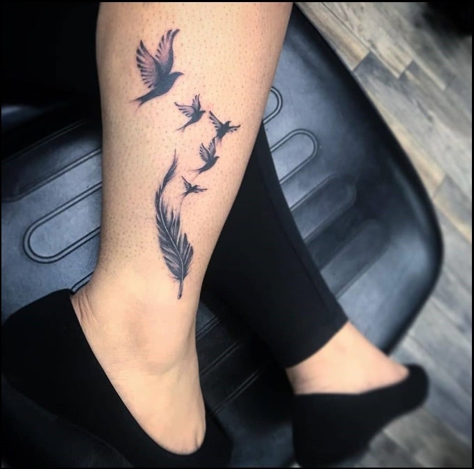 feather and birds ankle tattoos