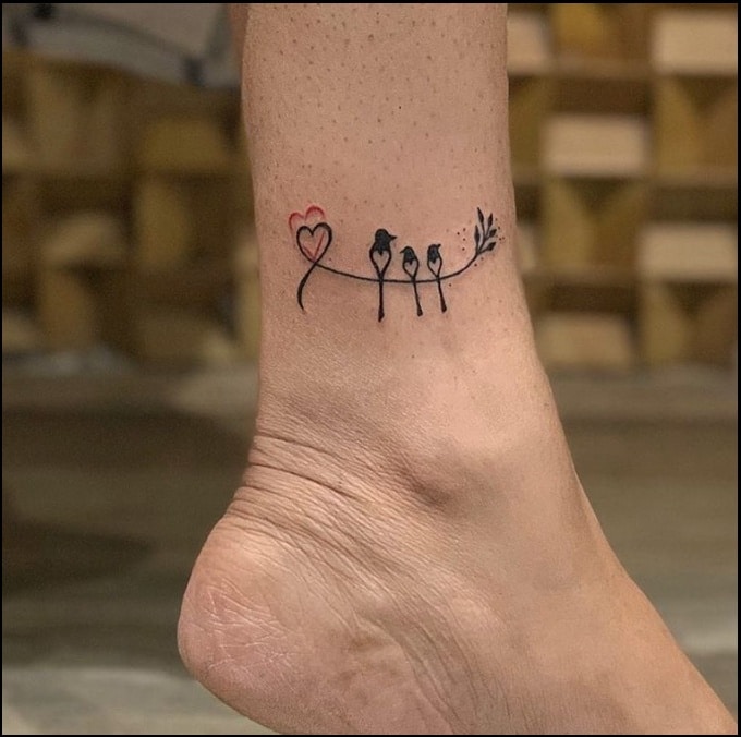 small birds family ankle tattoos