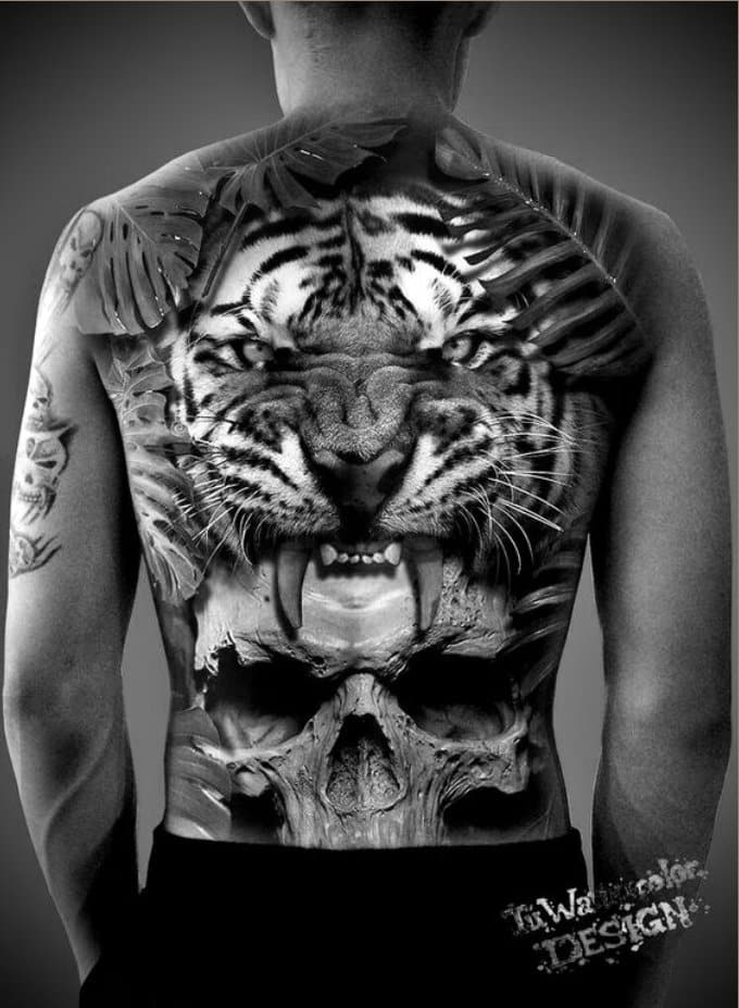 tiger tattoo on full back with skull