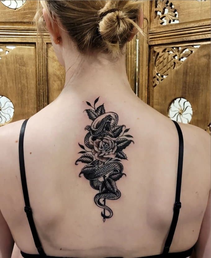 Snake & Rose tattoo on spine