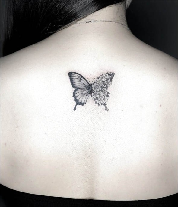 Fine line butterflies tattoo on the back of the neck