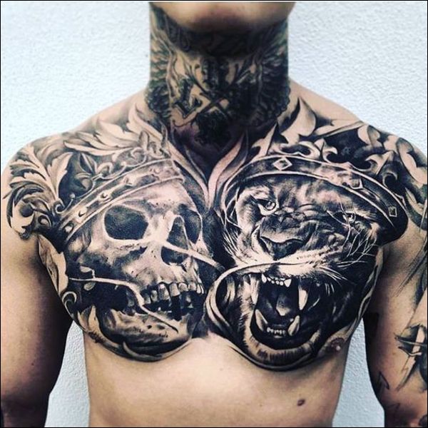 lion and skull chest tattoos