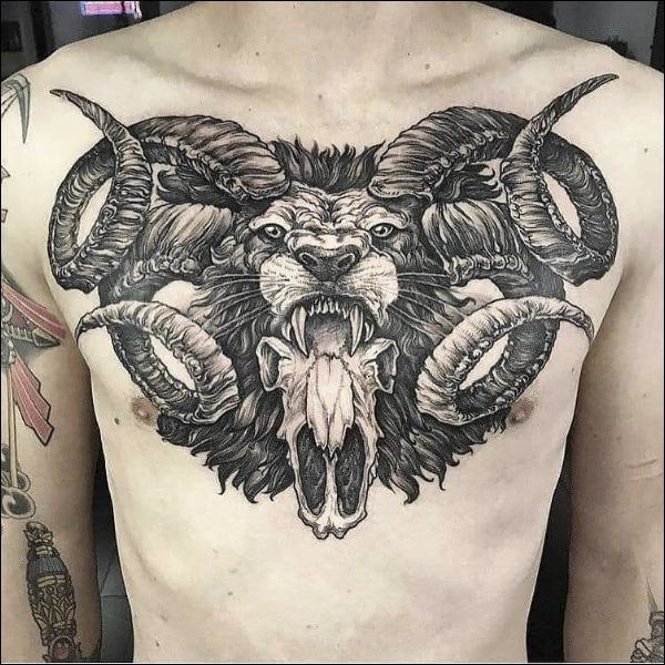 lion with horns chest tattoos