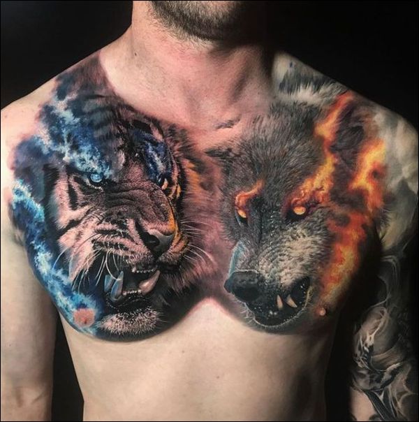 american traditional wolf chest tattoo