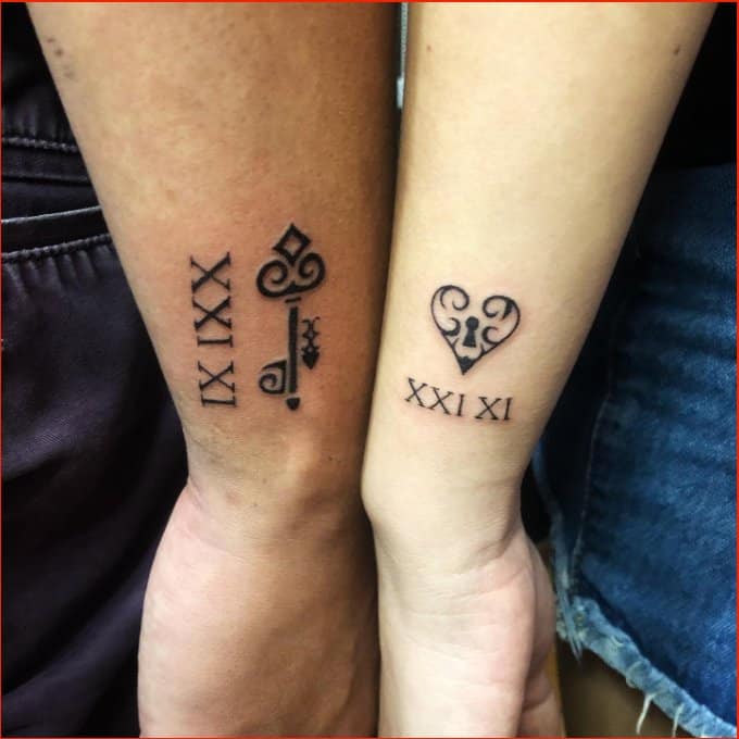 lock and key tattoo on wrist for couple
