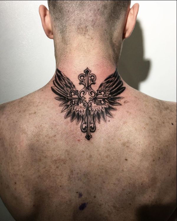 cross tattoos with wings on neck