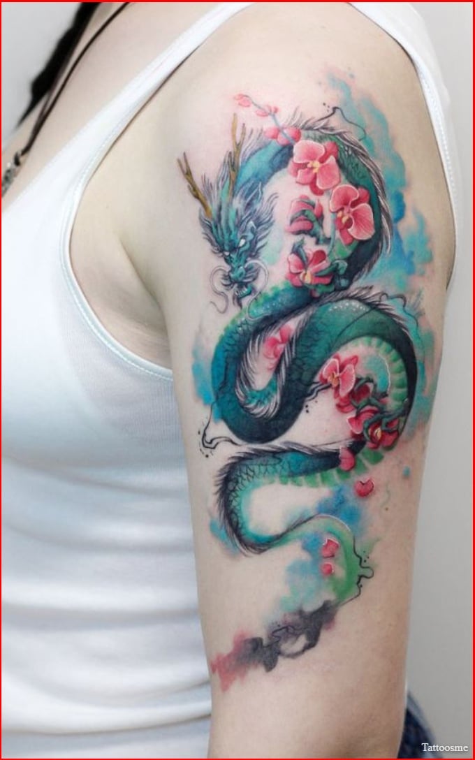 Dragon tattoos colorful with cherry blossom