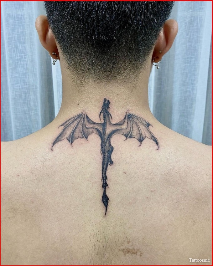 flying dragon tattoo behind the neck for men