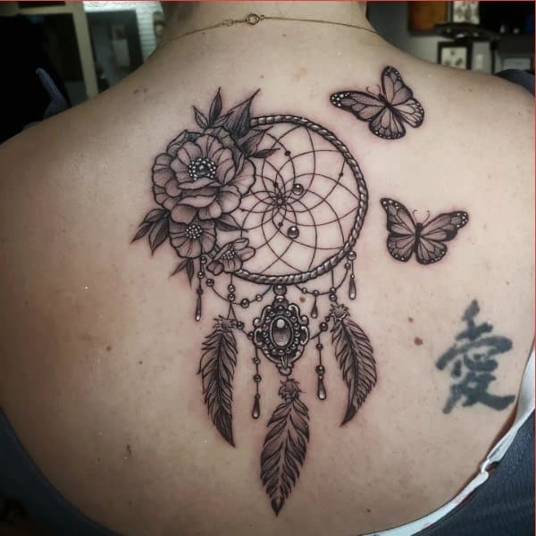 Butterfly And Dreamcatcher Tattoo On Leg