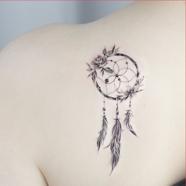 Grey Ink Dreamcatcher Tattoo On Right Shoulder