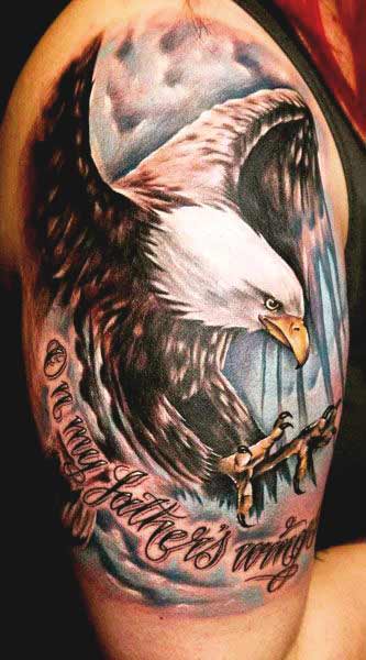 Eagle tattoos with quotes designs on shoulder