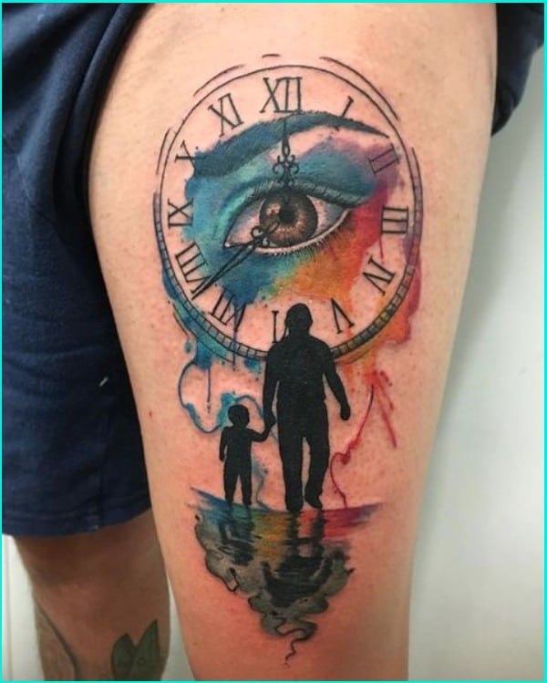 father and son holding hands tattoos with eye