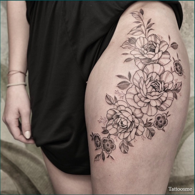 floral thigh tattoo