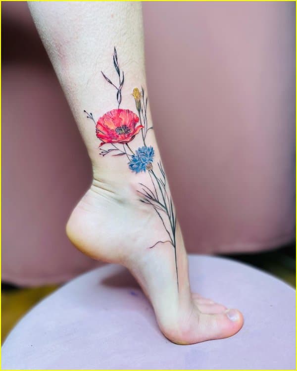 poppy flower tattoo on ankle for girls