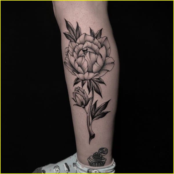 peonia flower tattoos on leg