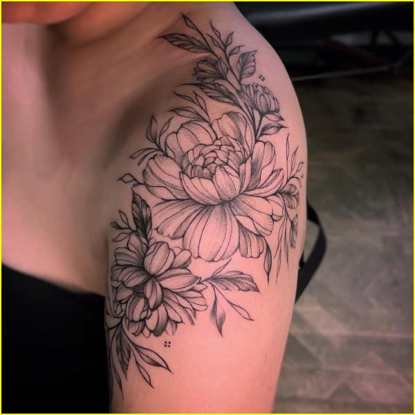 peony flower tattoo on shoulder