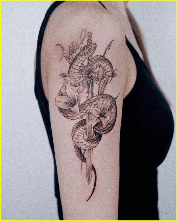 lilly flower with snake and sword on arm