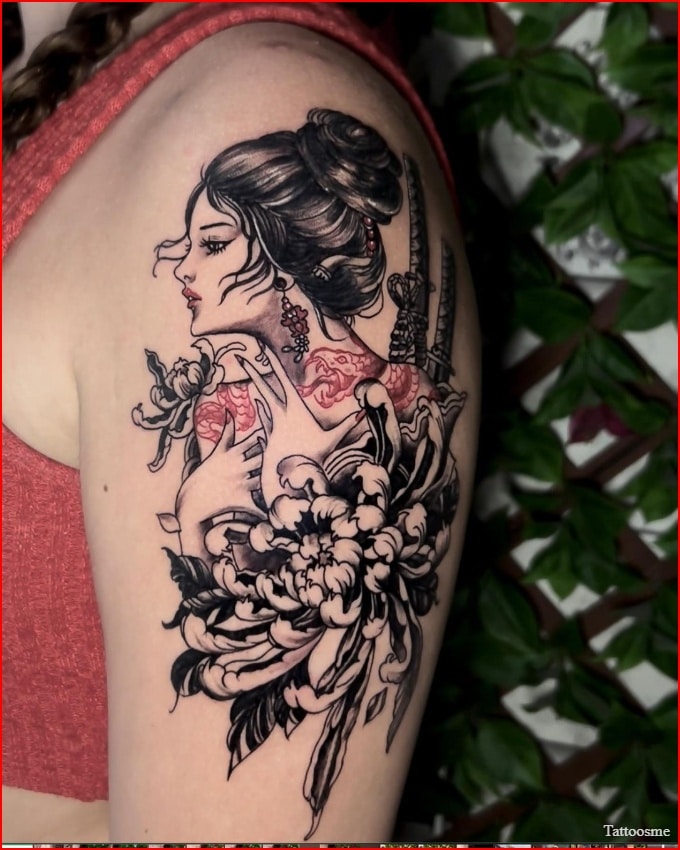 Geisha and cherry blossom tree tattoo